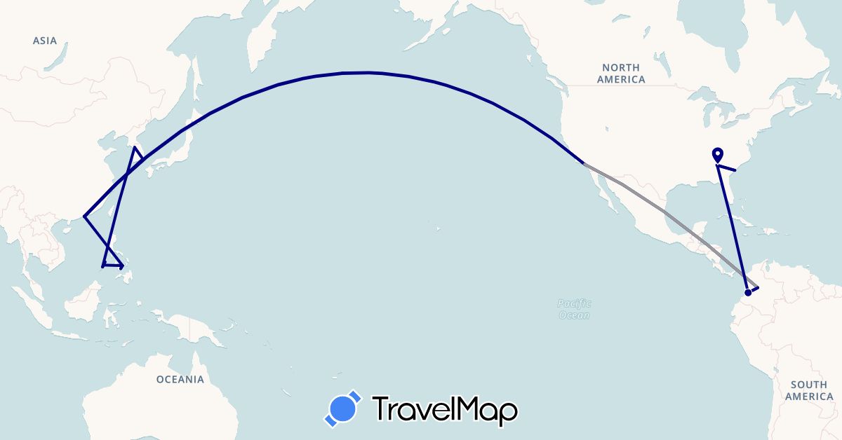 TravelMap itinerary: driving, plane in Colombia, Hong Kong, South Korea, Philippines, United States (Asia, North America, South America)